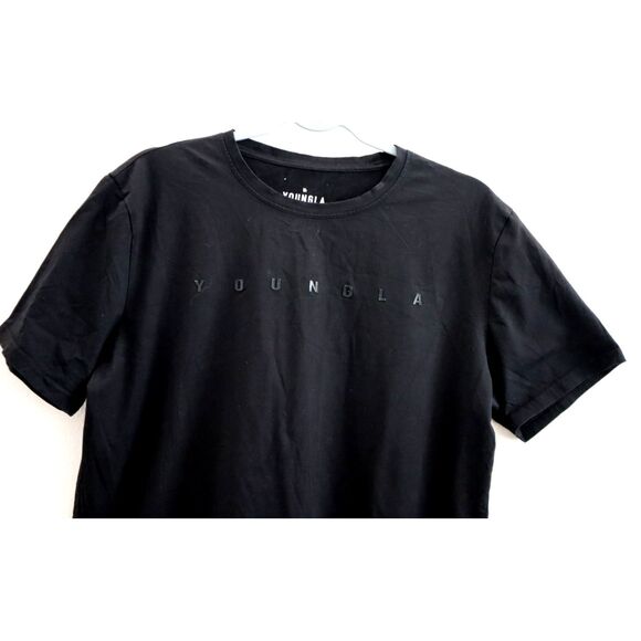 YOUNGLA 459 YLA2351 Men's Sz L Black Spellout Monochrome Fitted Workout T-Shirt - Picture 5 of 8